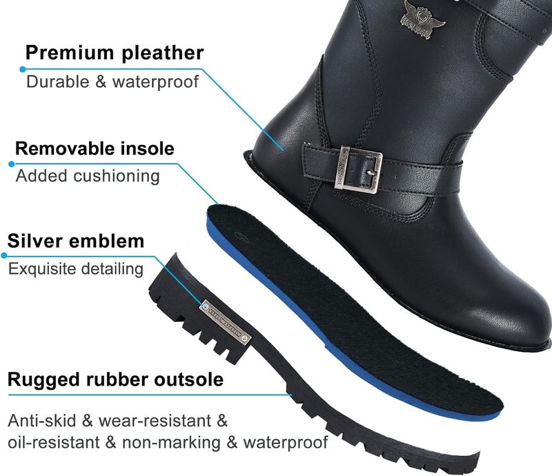 Dream Apparel Mens 11in PU Leather Motorcycle Engineer Boots for Riding, Waterproof Biker Boots with Full Length Side Zipper, Black Faux Leather Mid Calf Footwear - Image 2